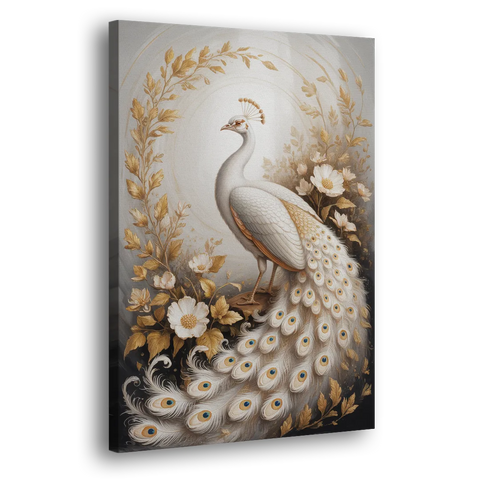 Regal Peacock Splendor White and Gold - Canvas Wall Art
