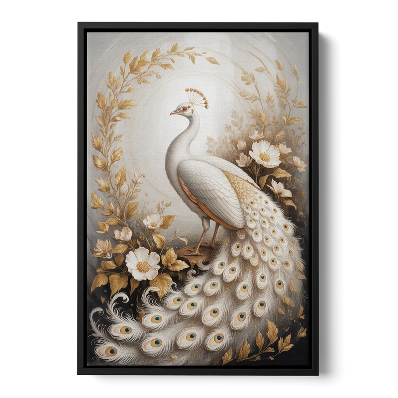 Regal Peacock Splendor White and Gold Front - Black Canvas Wall Art