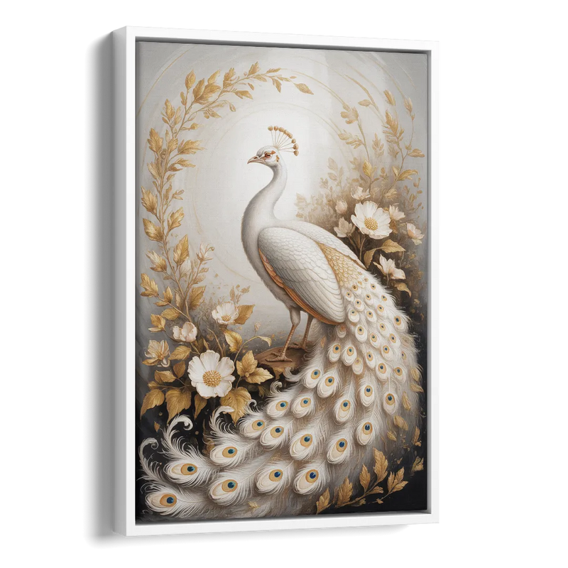 Regal Peacock Splendor White and Gold Side - White Canvas Wall Art