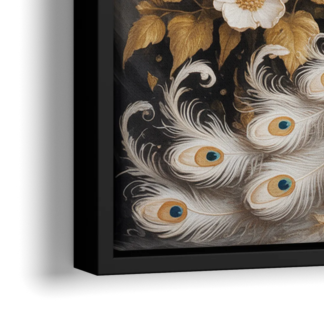 Regal Peacock Splendor White and Gold - Close-Up Black Frame Canvas