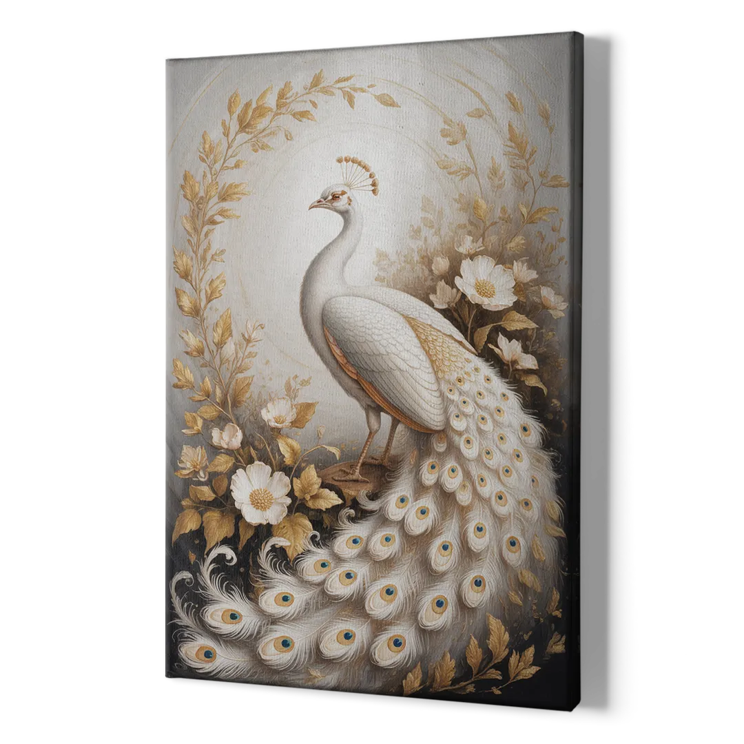 Regal Peacock Splendor White and Gold - Canvas Print Art Sides