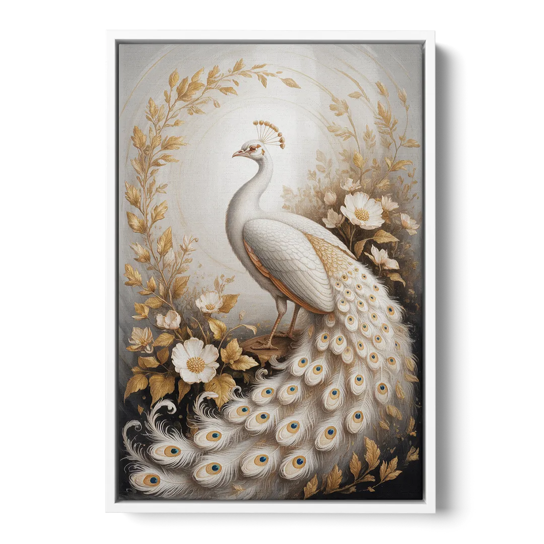Regal Peacock Splendor White and Gold - White Frame Canvas