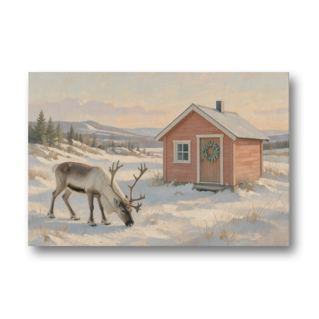 Reindeer Grazing by a Red Nordic Cabin - Canvas Wall Art - Front