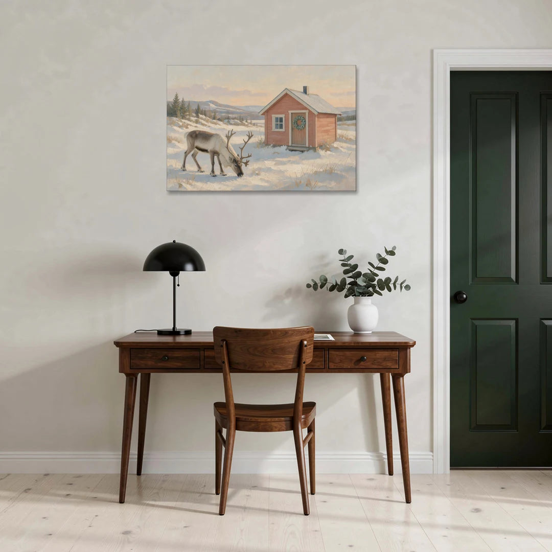 Reindeer Grazing by a Red Nordic Cabin - Canvas Wall Art - Office - 36x24