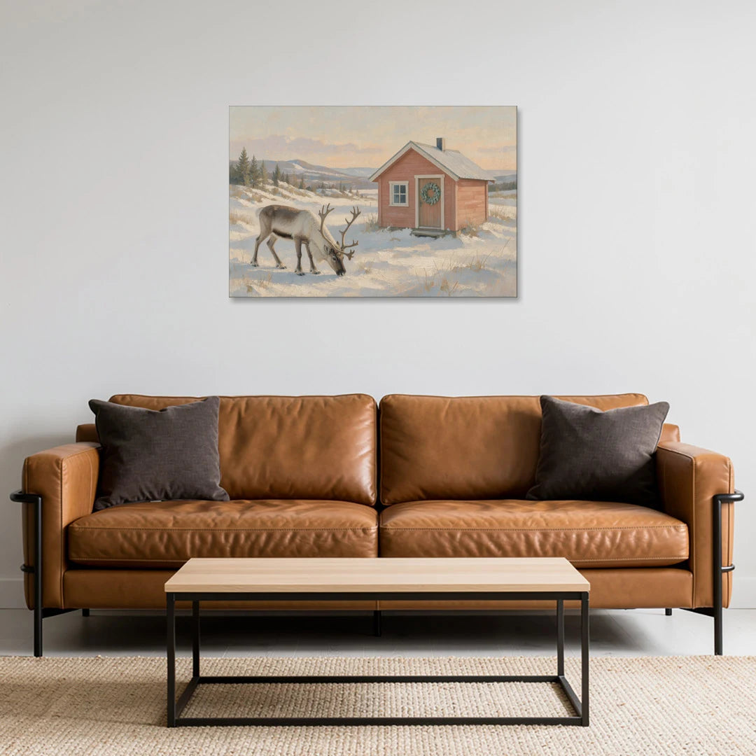 Reindeer Grazing by a Red Nordic Cabin - Canvas Wall Art - Sofa - 36x24
