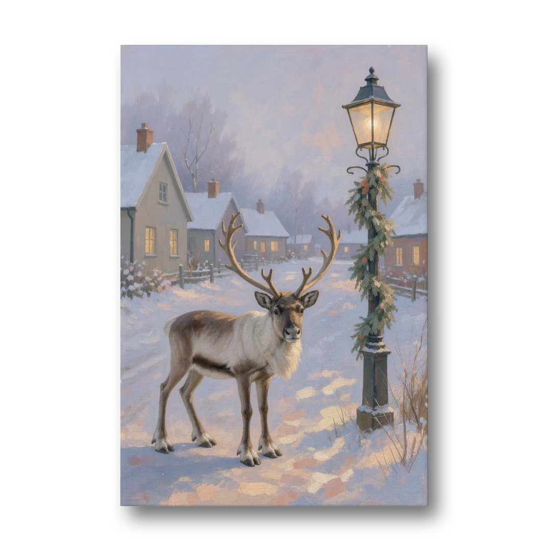Reindeer by the Garland Lamp Post - Canvas Wall Art - Front