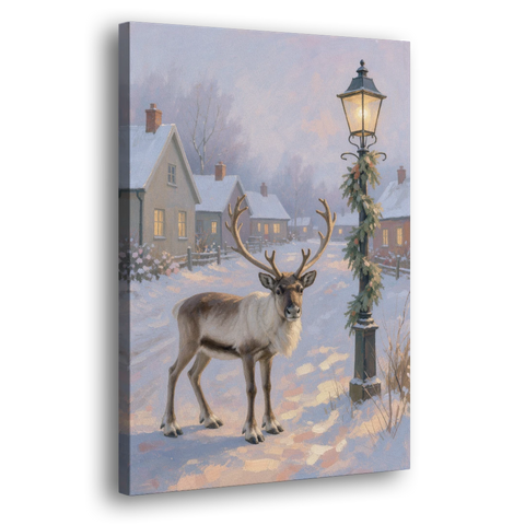 Reindeer by the Garland Lamp Post - Canvas Wall Art
