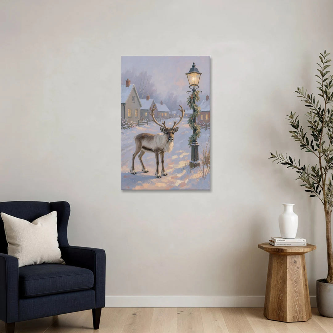 Reindeer by the Garland Lamp Post - Canvas Wall Art - Sofa - 24x36