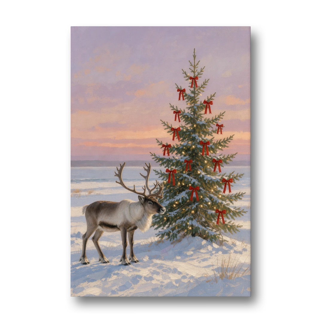 Reindeer by the Ribbon Fir - Christmas Canvas Wall Art for Living Room - Canvas Wall Art - Front