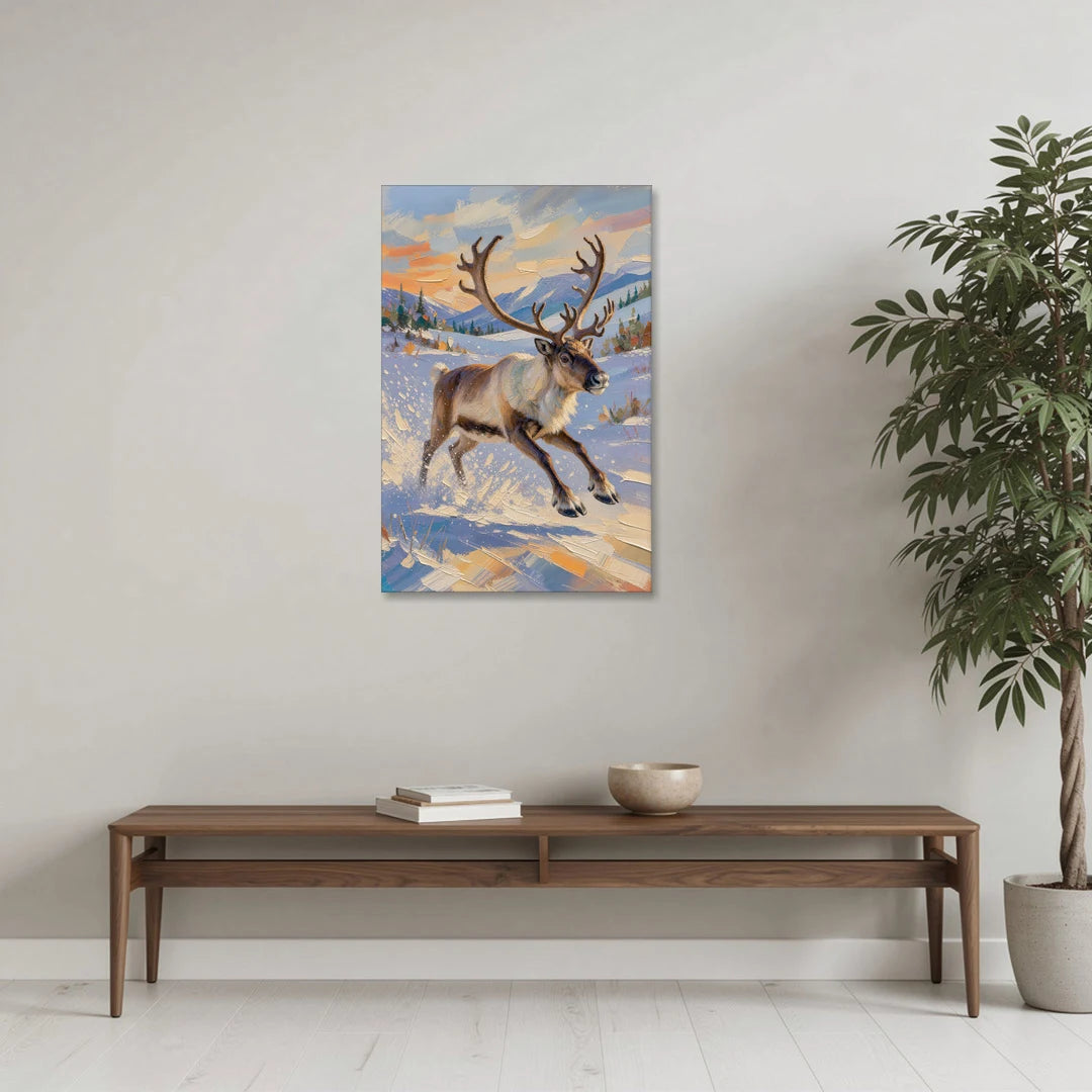 Reindeer in Snow Painting at Full Gallop - Canvas Wall Art - Coffee Table - 24x36