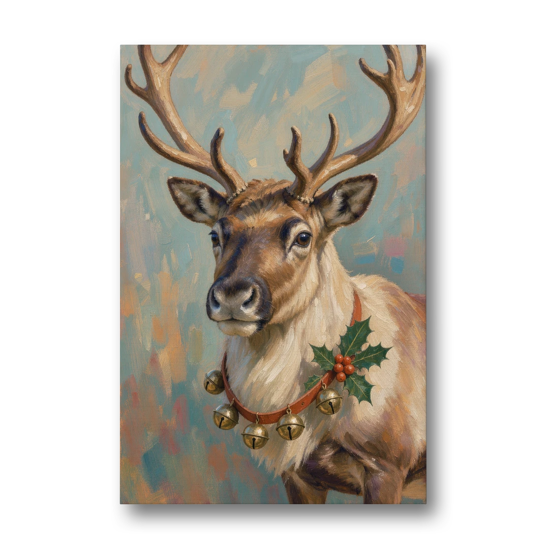 Reindeer with Jingle Bell Collar and Holly - Canvas Wall Art - Front