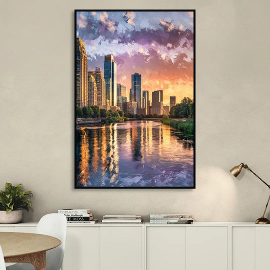 Riverside Modern Cityscape Living Room - Black Canvas Wall Art