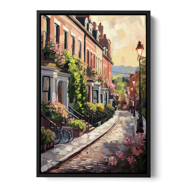 Rochester Cobblestone Streets Front - Black Canvas Wall Art