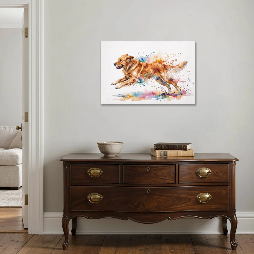 Running Golden Retriever Watercolor - Canvas Wall Art - Coffee Table - 36x24