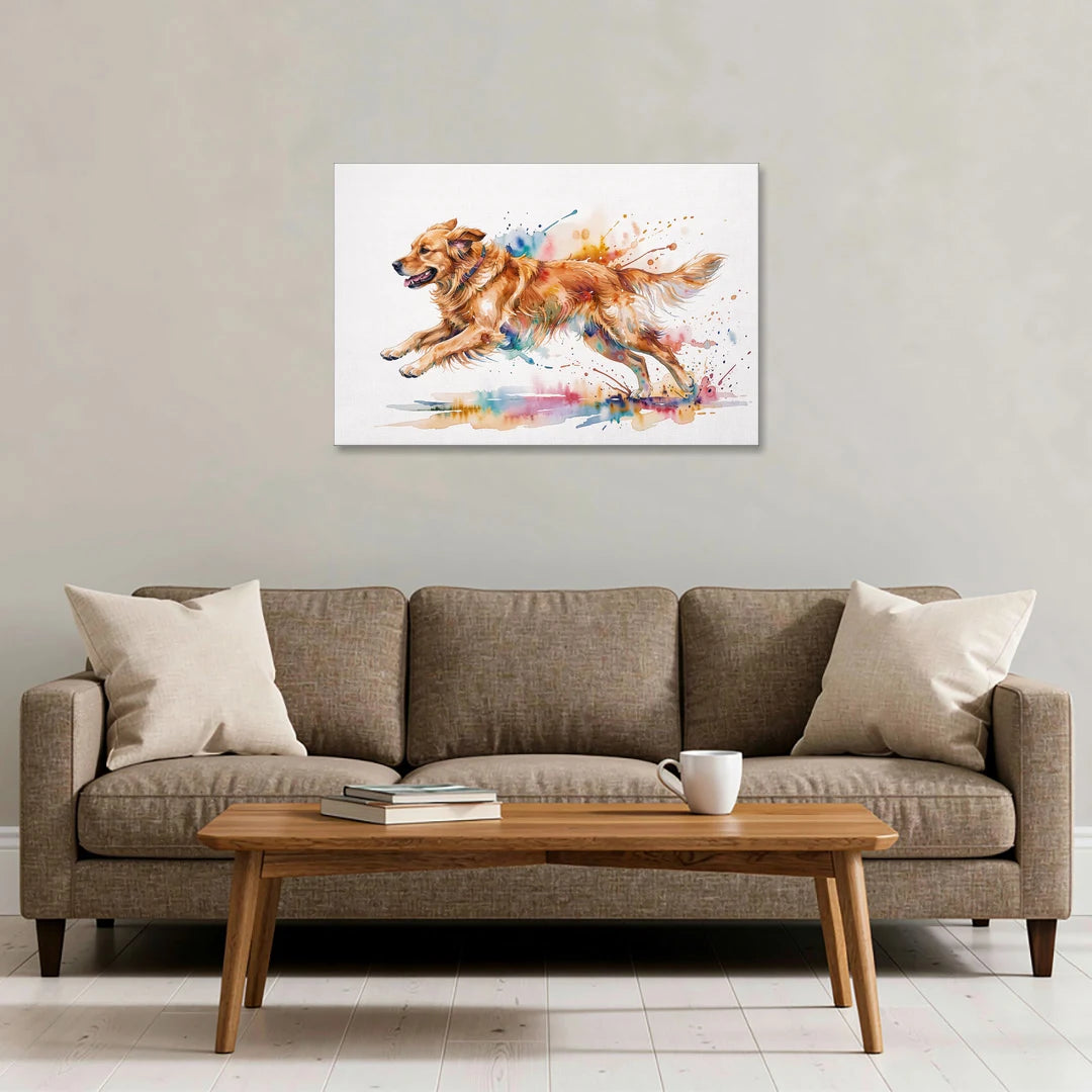 Running Golden Retriever Watercolor - Canvas Wall Art - Sofa - 36x24