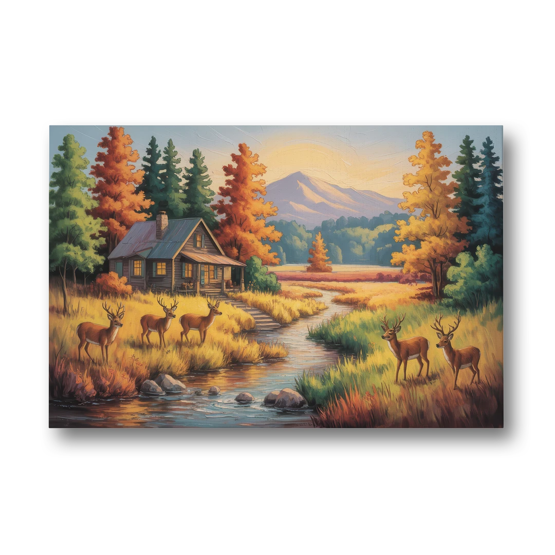 Rustic Cabin Deer Scene - Canvas Wall Art - Front