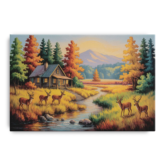 Rustic Cabin Deer Scene - Canvas Wall Art