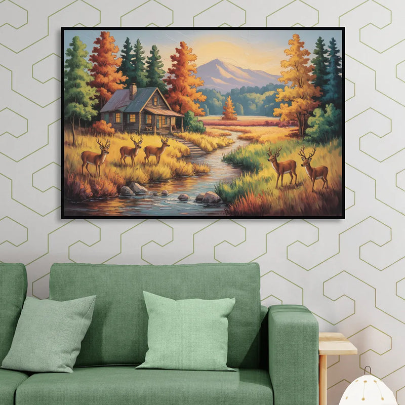 Rustic Cabin Deer Scene Living Room - Black Canvas Wall Art