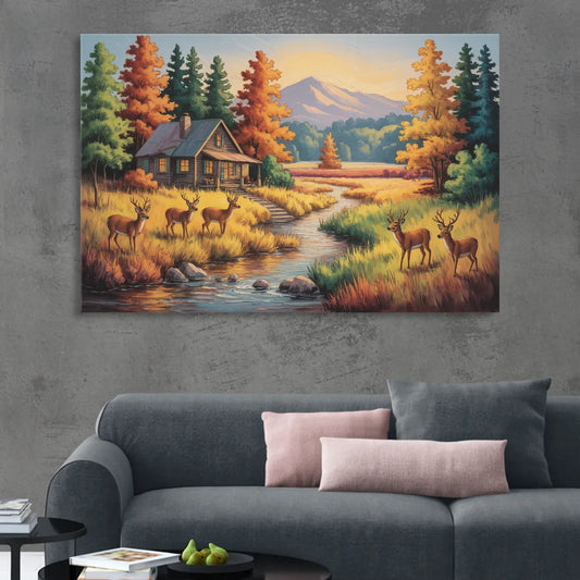 Rustic Cabin Deer Scene Living Room - Canvas Wall Art