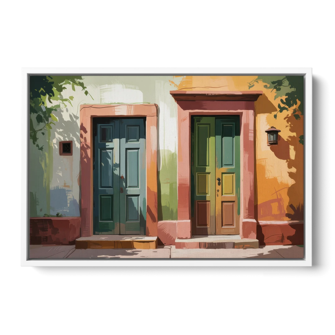 Rustic Colonial Doors - White Framed Canvas Wall Art - Front
