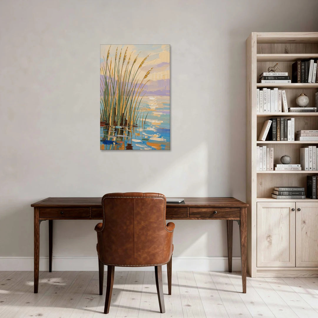 Sage and Ochre Reeds on Still Water - Canvas Wall Art - Office - 24x36