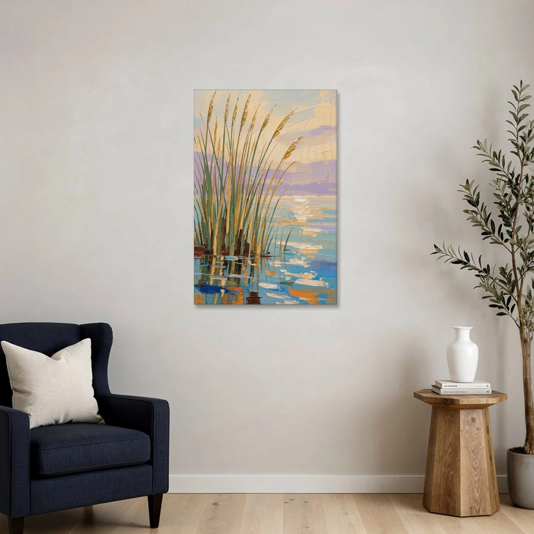 Sage and Ochre Reeds on Still Water - Canvas Wall Art - Sofa - 24x36