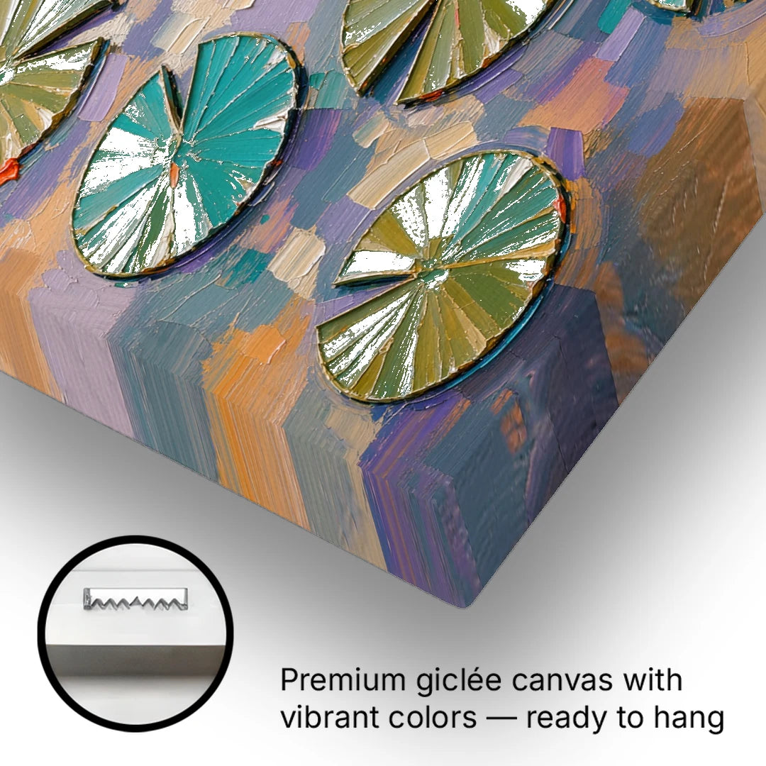 Sage and Teal Lily Pads on Peach Water - Canvas Wall Art - Gallery Wrap Corner