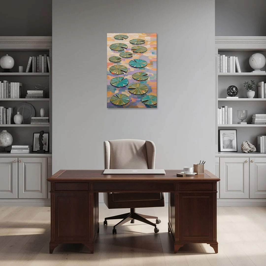 Sage and Teal Lily Pads on Peach Water - Canvas Wall Art - Office - 24x36