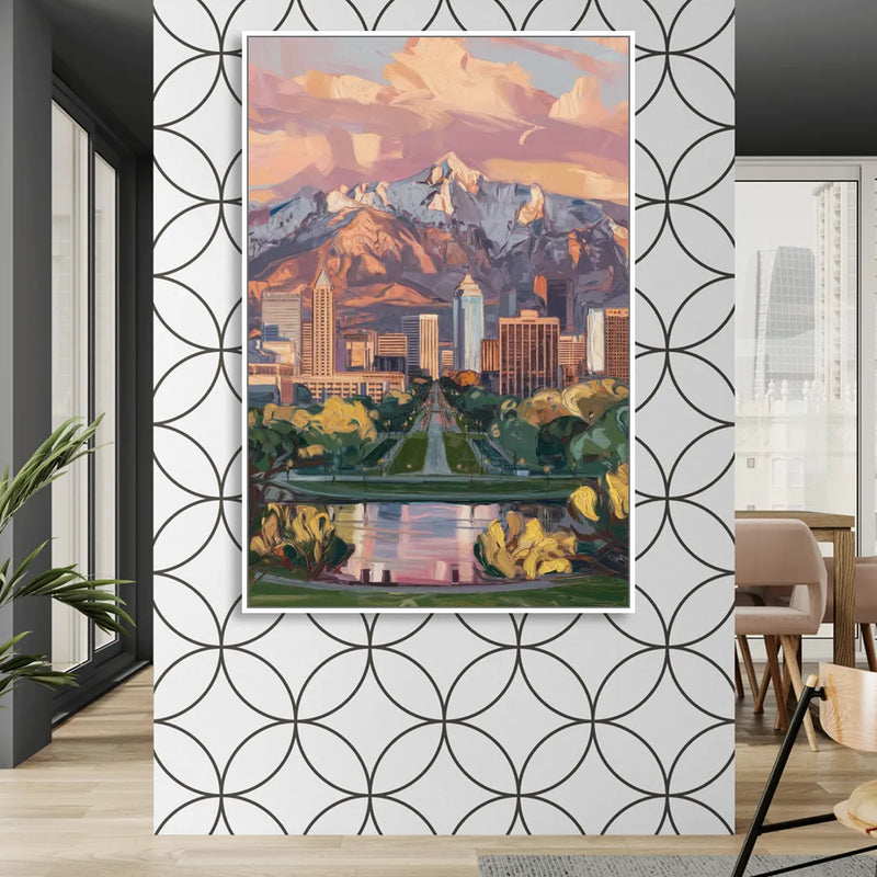 Salt Lake City Urban Landscape Sitting Room - White Canvas Wall Art