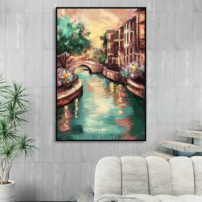 San Antonio Scenic Riverwalk Living Room - Black Canvas Wall Art