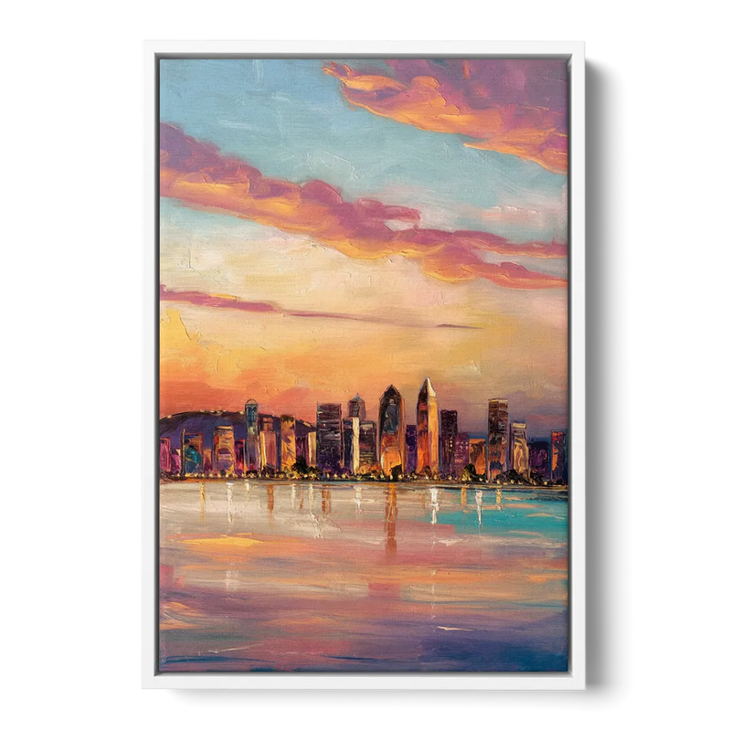 San Diego Skyline Sunset Front - White Canvas Wall Art