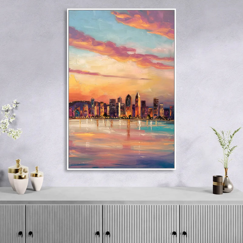 San Diego Skyline Sunset Sitting Room - White Canvas Wall Art