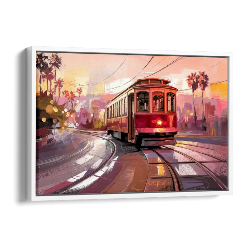 San Diego Trolley At Sunset Side - White Canvas Wall Art