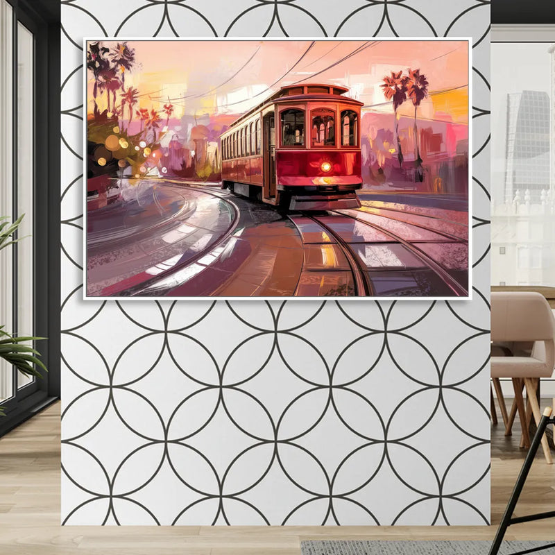 San Diego Trolley At Sunset Living Room - White Canvas Wall Art