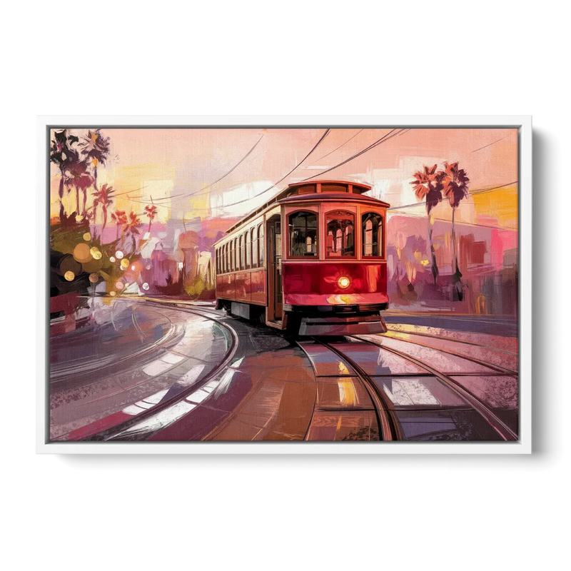 San Diego Trolley At Sunset Front - White Canvas Wall Art