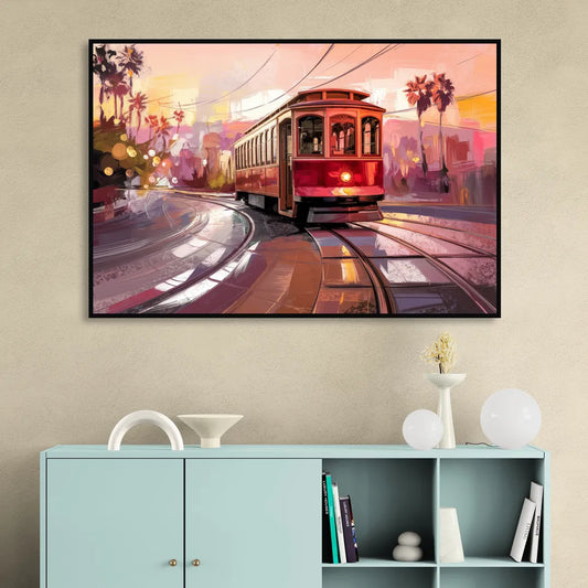 San Diego Trolley At Sunset Living Room - Black Canvas Wall Art