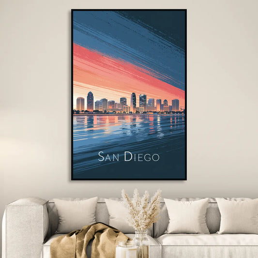 San Diego Urban Skyline Living Room - Black Canvas Wall Art