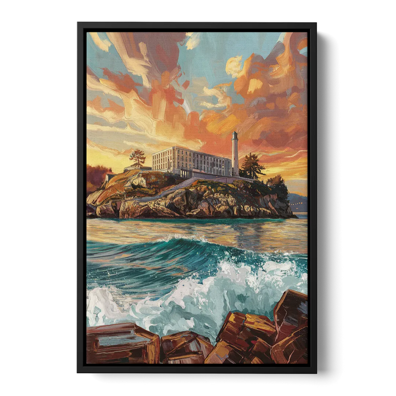 San Francisco Alcatraz Island Front - Black Canvas Wall Art