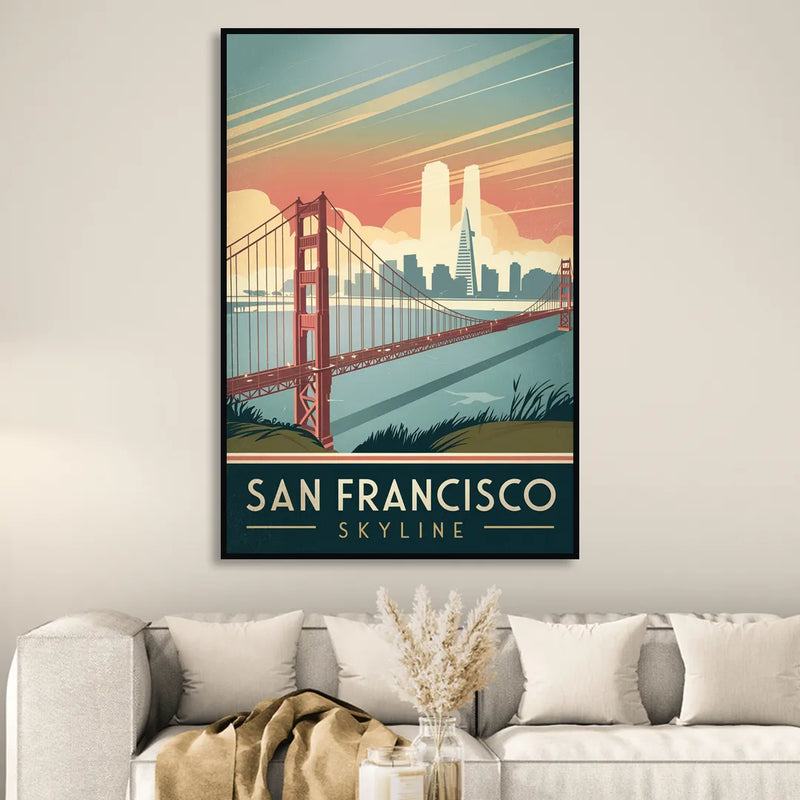 San Francisco Golden Gate Bridge Skyline Sitting Room - Black Canvas Wall Art
