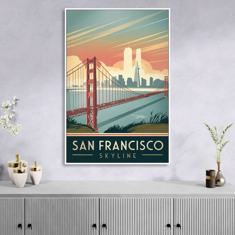 San Francisco Golden Gate Bridge Skyline Sitting Room - White Canvas Wall Art