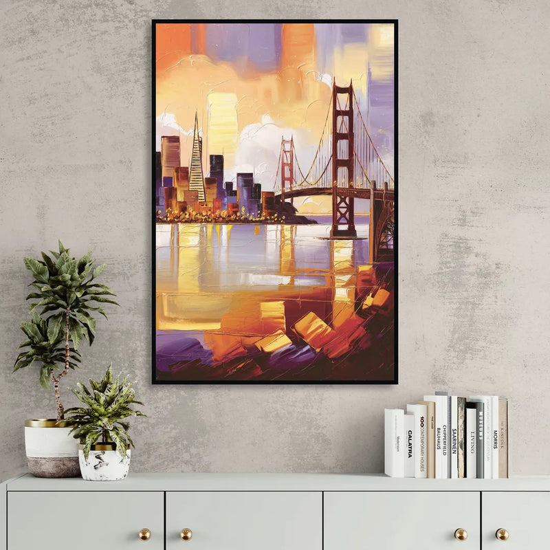 San Francisco Golden Hour Skyline Living Room - Black Canvas Wall Art