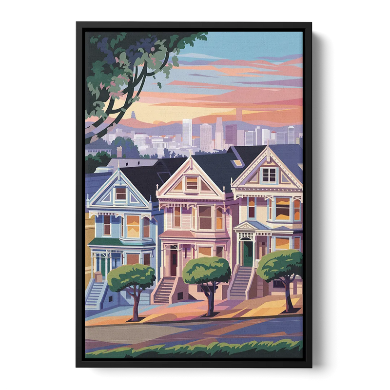 San Francisco Painted Ladies Front - Black Canvas Wall Art