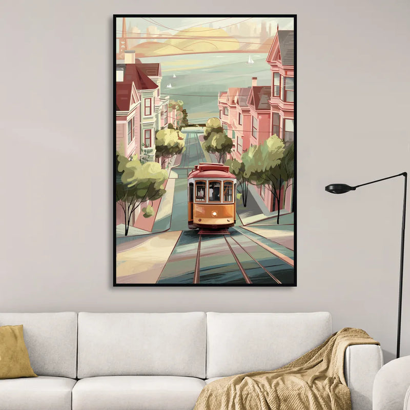 San Francisco Streetcar Charm Living Room - Black Canvas Wall Art
