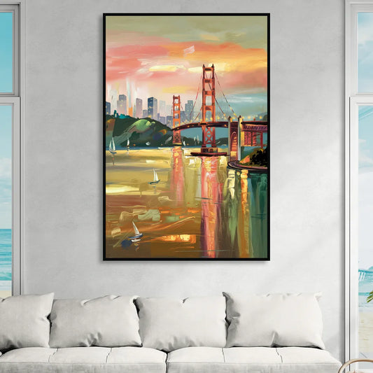 San Francisco Waterfront View Living Room - Black Canvas Wall Art