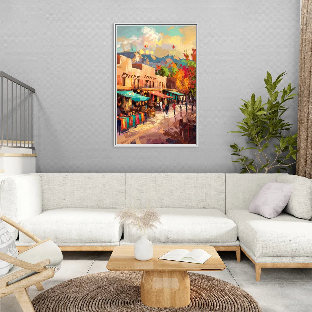 Santa Fe Historic Plaza - Living Room White Frame Canvas