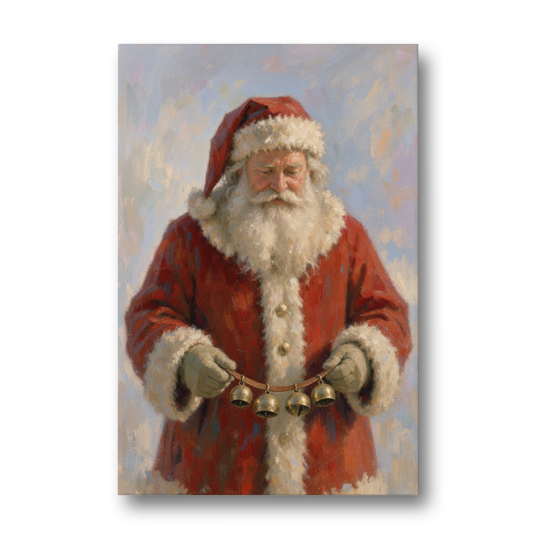 Santa Painting on Canvas with Sleigh Bells - Canvas Wall Art - Front