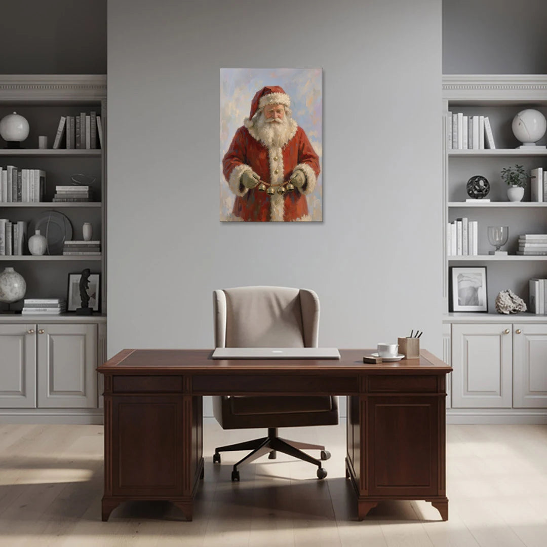 Santa Painting on Canvas with Sleigh Bells - Canvas Wall Art - Office - 24x36