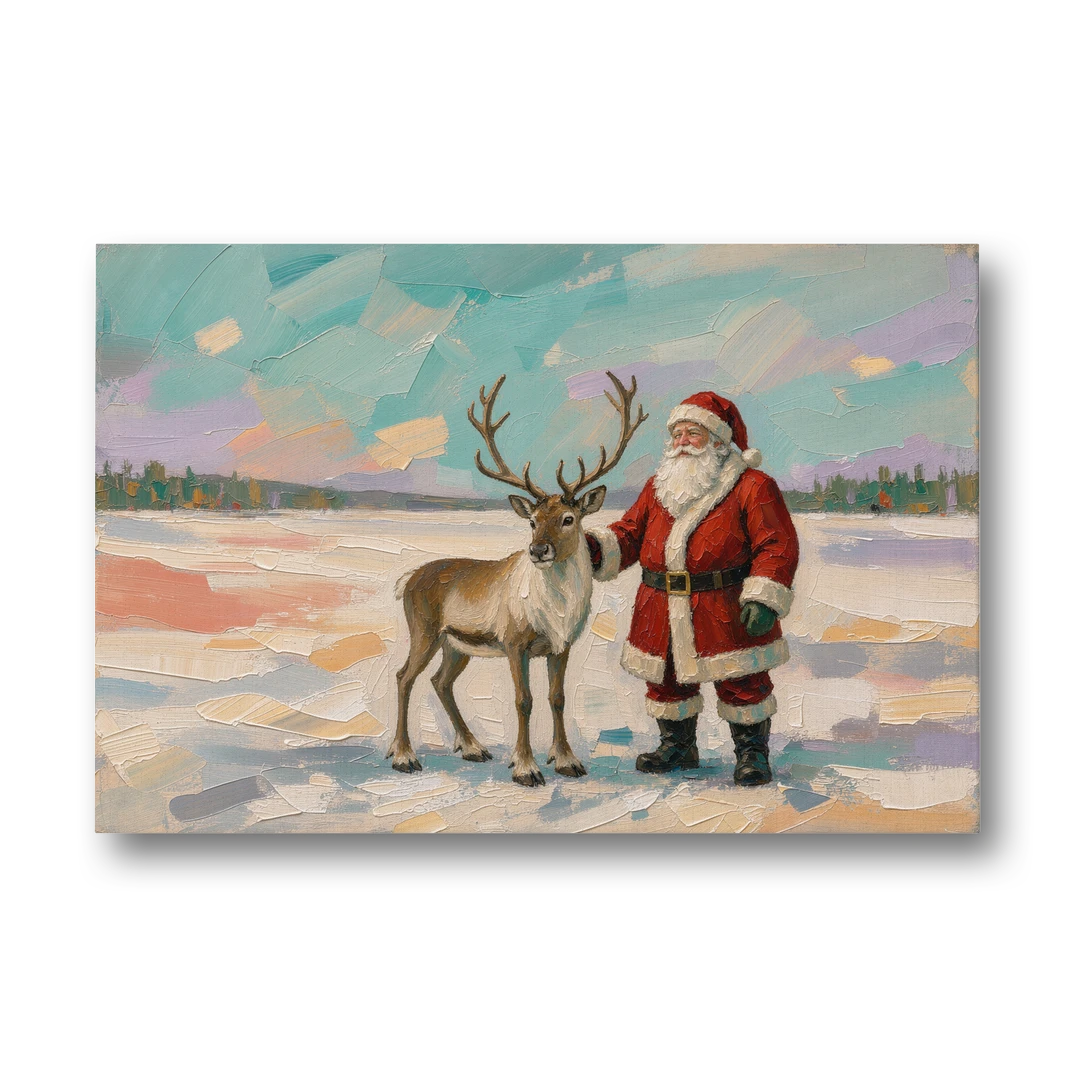 Santa and Reindeer Painting on the Open Snow - Canvas Wall Art - Front