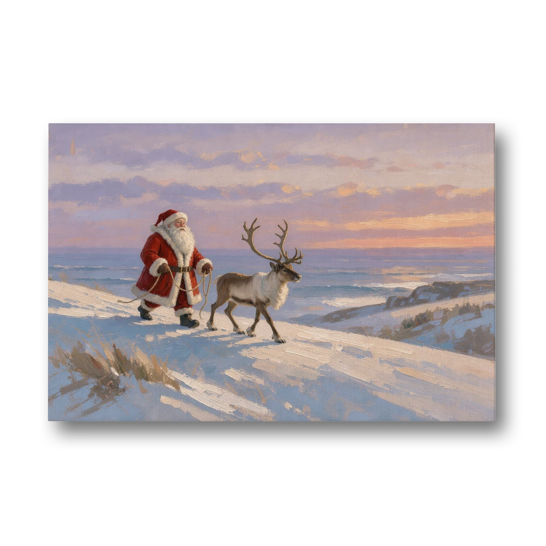 Santa and Reindeer at Twilight - Canvas Wall Art - Front