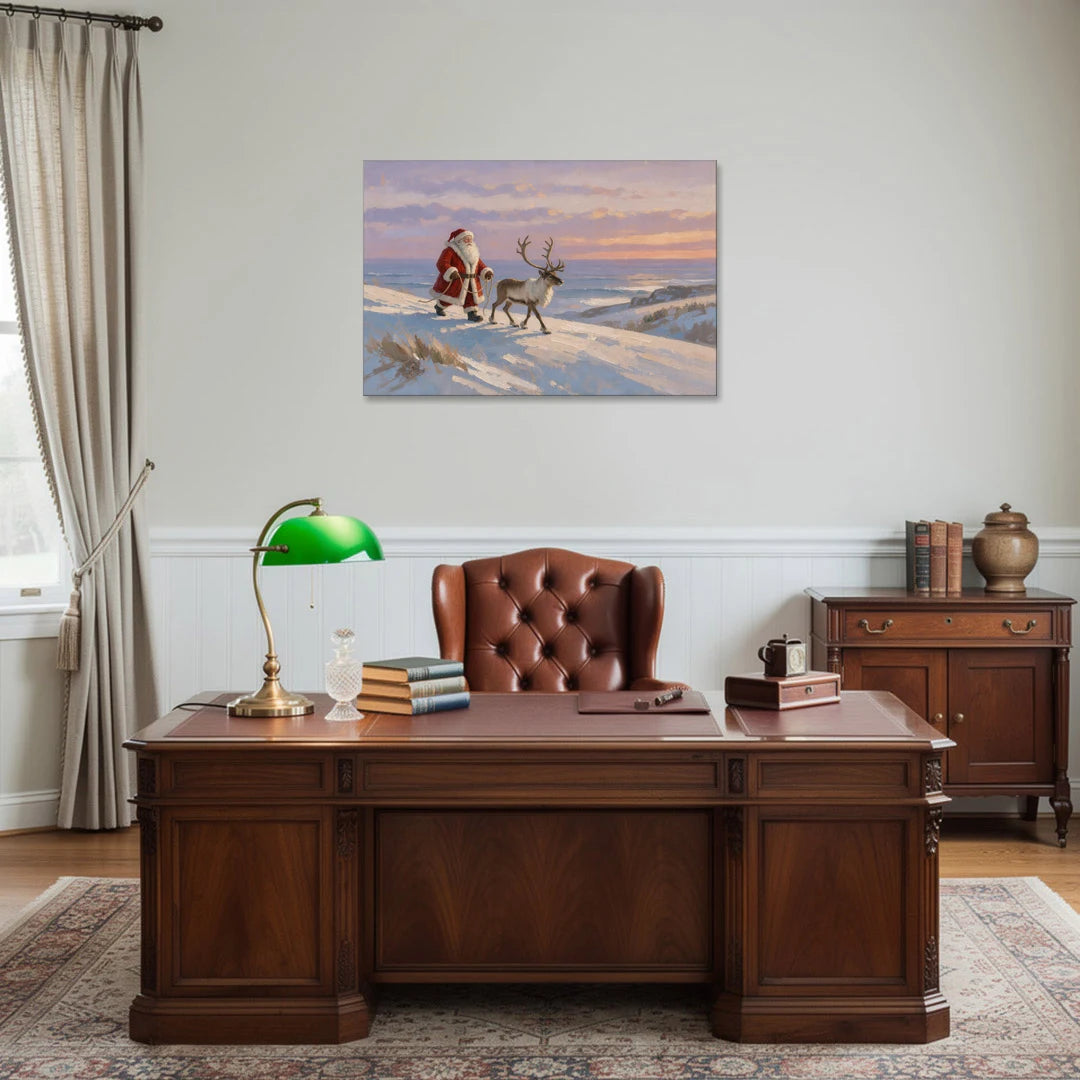 Santa and Reindeer at Twilight - Canvas Wall Art - Office - 36x24